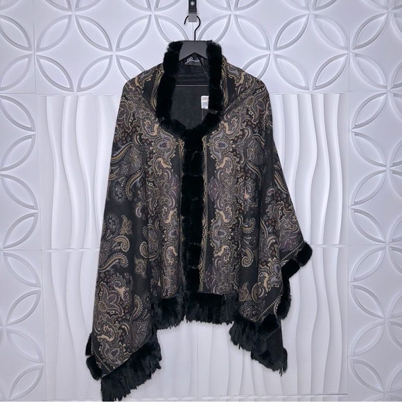 GORSKI NWT Fur Cashmere Paisley Black Reversible Cape - Picture 1 of 11